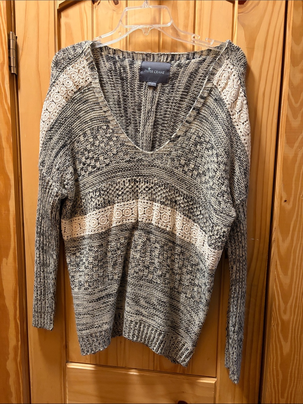 Paper Crane Heathered Gray & Cream Lace V-Neck Sweater